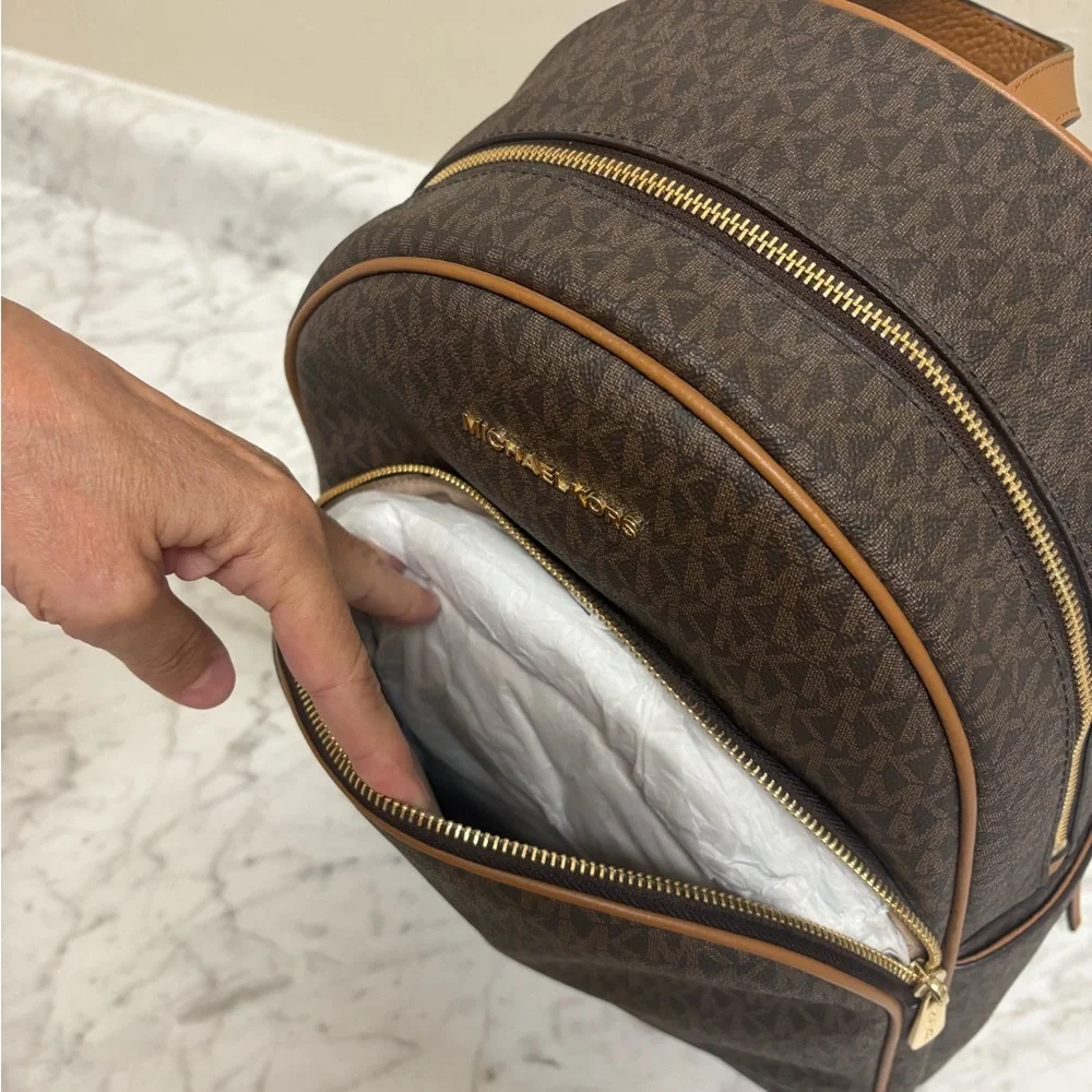 Michael Kors Dark Brown MK Monogram Backpack with Tan Trim